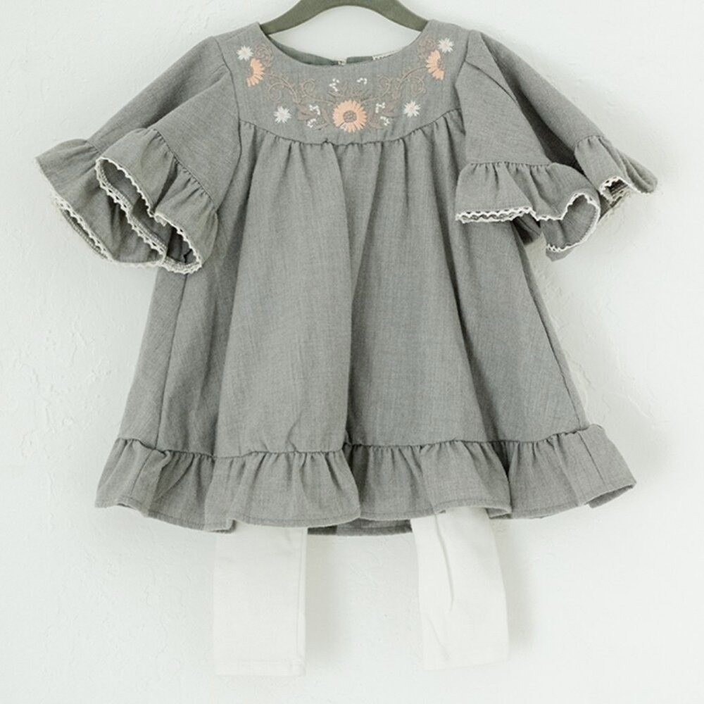 Max Studio Baby Tunic Leggings Set Girls 3T Gray Pink Floral Embroidered Ruffle‎